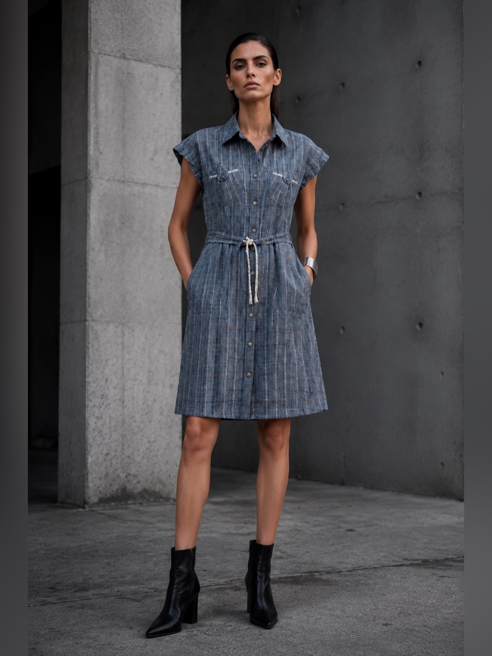 86. PETROV Gray Plaid/Cream Belted Mini Dress, with detailing